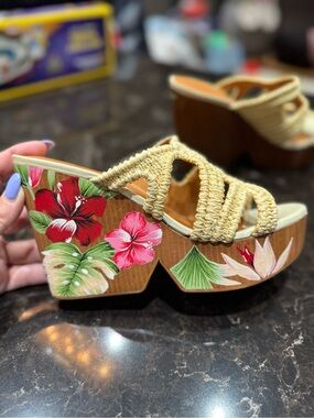 Clergerie Braided Natural Raffia Platform Slide with Floral Wood Wedge